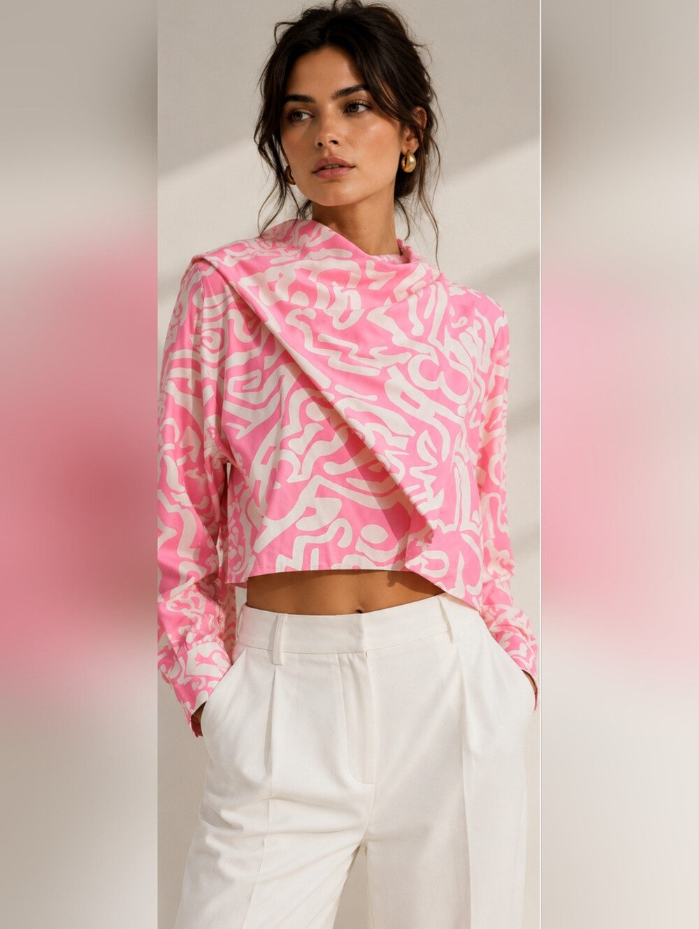 NWT Zara Pink Abstract Print Asymmetric Scarf Crop Top Blouse